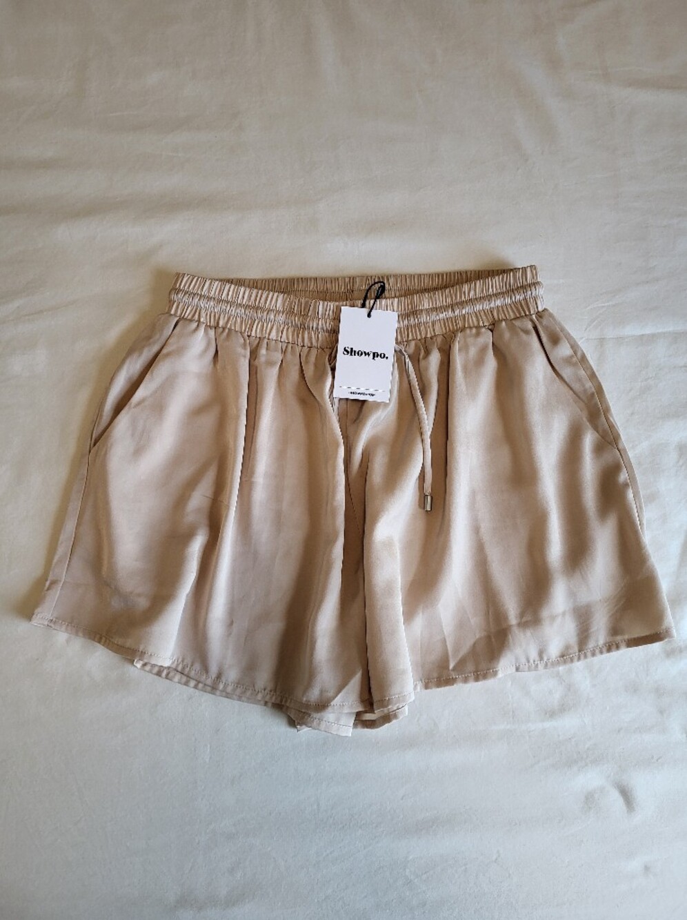 Showpo. Azurine Satin Shorts (Taupe)